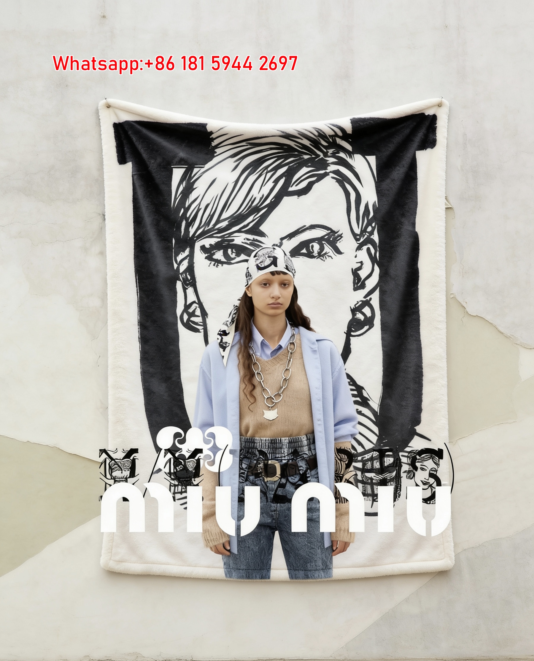 Miu Miu Beige & Black & White Sketch Art Portrait Printed Flannel Sofa Throw Blanket IMG_0478